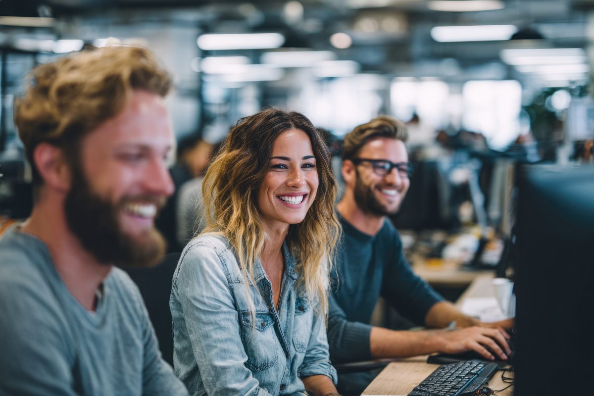 Team arbeitet gemeinsam an Computern im Büro